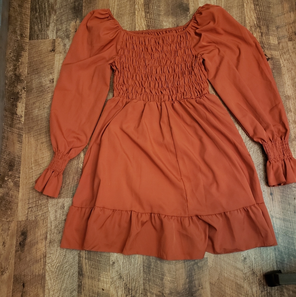 Orange Smocked Ruffled Long Sleeve Blouse